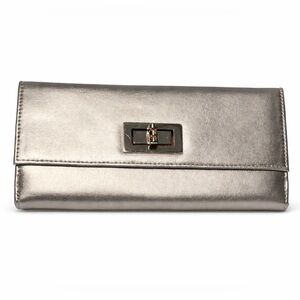 Talbots Metallic Silver Leather Clutch Wallet Evening Bag Turnlock